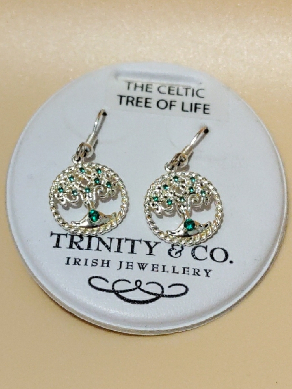 Trinity Celtic Tree of Life Silver Earrings with Green Stones